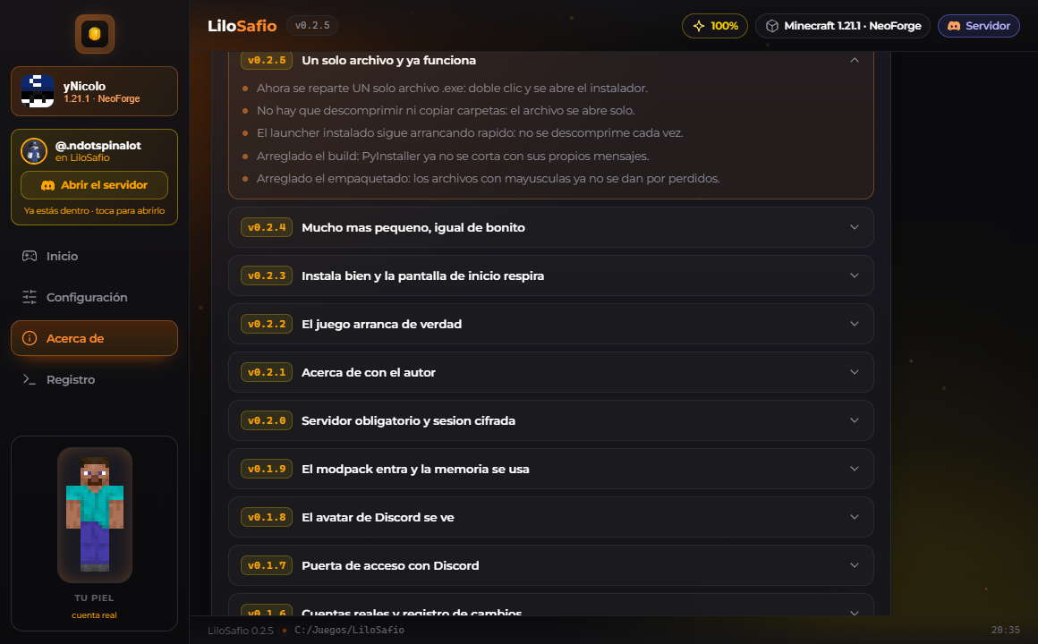 La pantalla de Acerca de con la lista de versiones y los cambios de cada una.