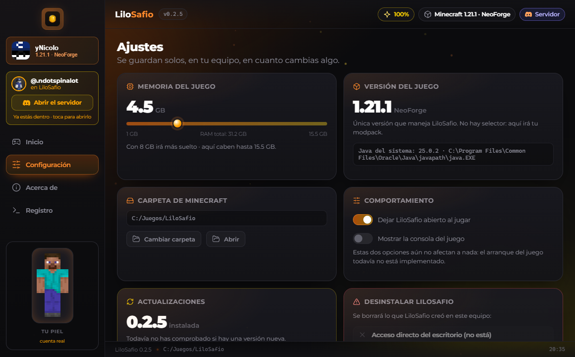 La pantalla de ajustes, con la memoria asignada y la comprobación de actualizaciones.
