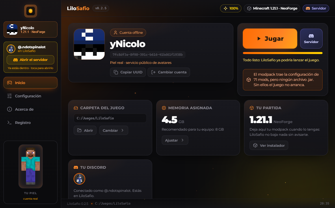 La pantalla principal del launcher de LiloSafio, con el botón de jugar y el acceso a Discord.
